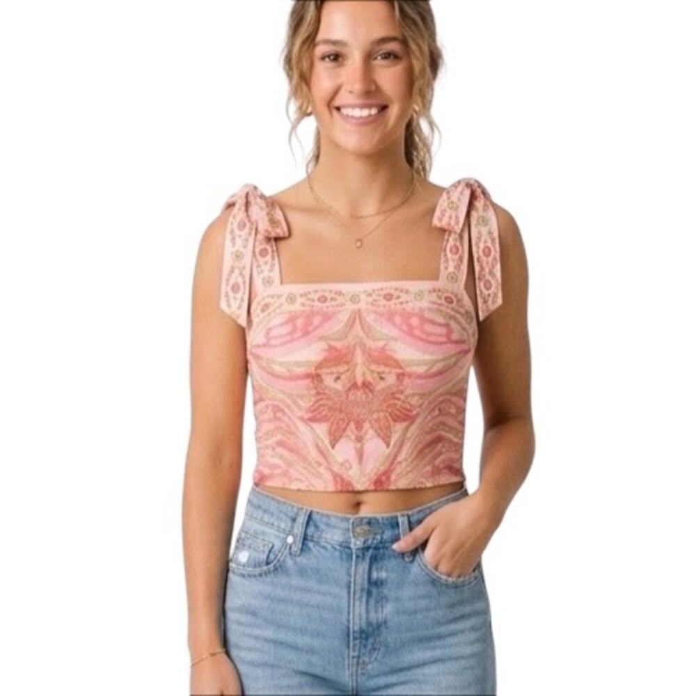 Rose & Olive Top Pink and Green Print Sleeveless Cropped Size Medium